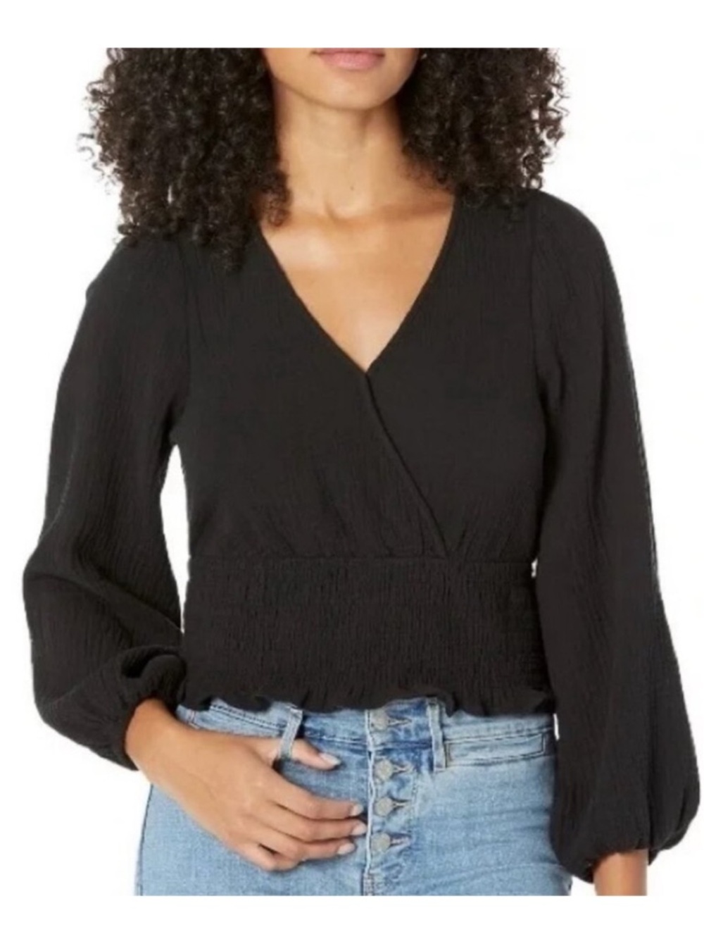 Madewell Plus Lightspun Julianne Smocked-Waist Top 2X Black Long Sleeve nh355